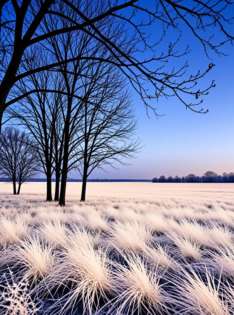 Leafless trees stand dark against a blue twilight sky above a field of white frosty grass.