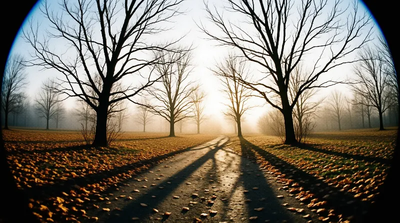 Foggy gravel path runs through leafless trees with sun casting long shadows over fallen orange leaves at its edges.