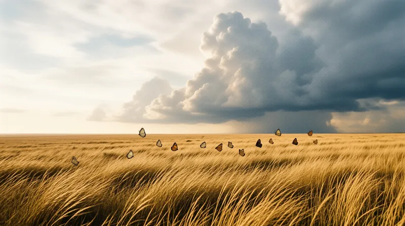 A line of colorful butterflies floats above a vast golden grain field as towering grey storm clouds dominate the horizon.