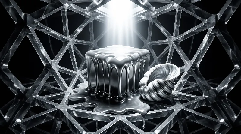 A chrome block melts beside a spiral shell inside a wireframe cage lit by a shaft of white light.