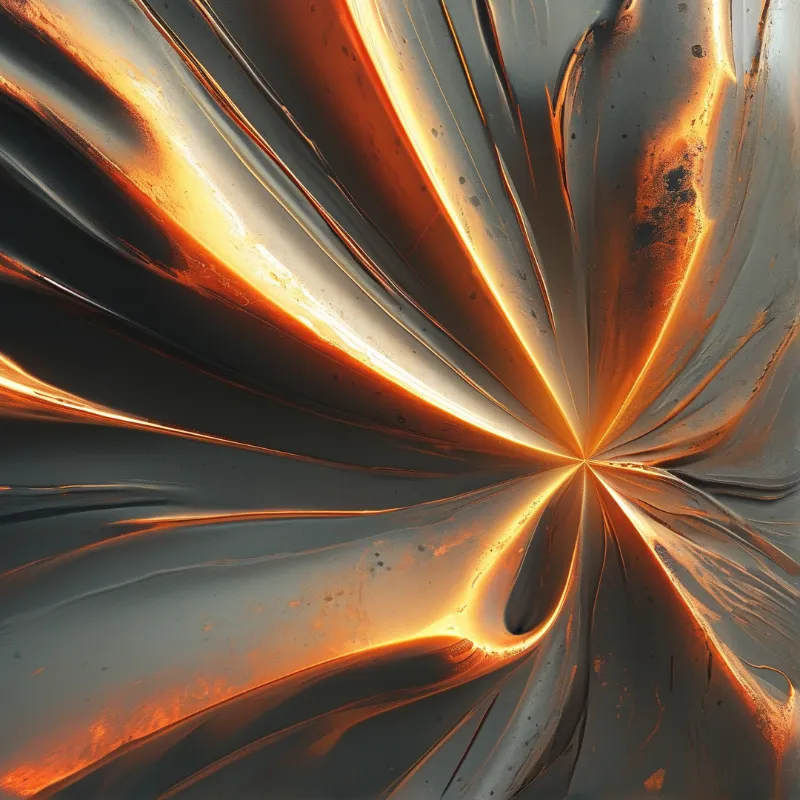 A dark metallic texture radiates outward from the right with bright orange and gold highlights catching the light along deep grooves.