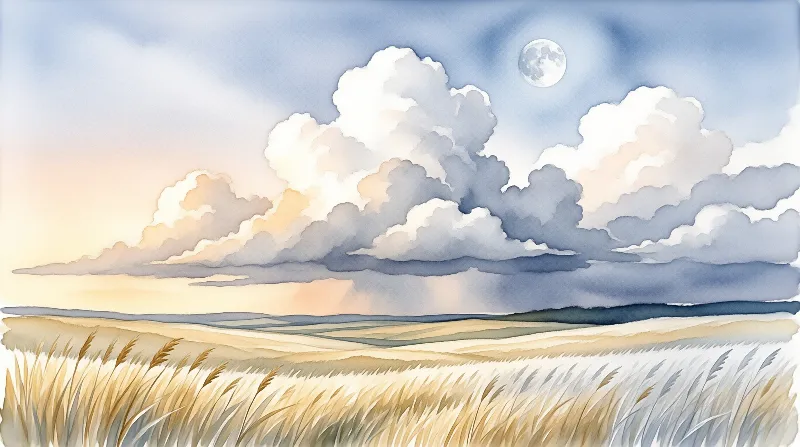Watercolor landscape depicting a golden wheat field and rolling hills beneath a sky with large clouds and a moon.
