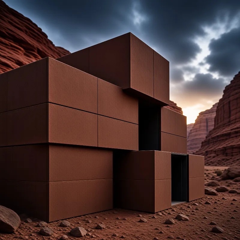 A geometric structure of stacked rust boxes sits in a rocky canyon under a dramatic cloudy sky.