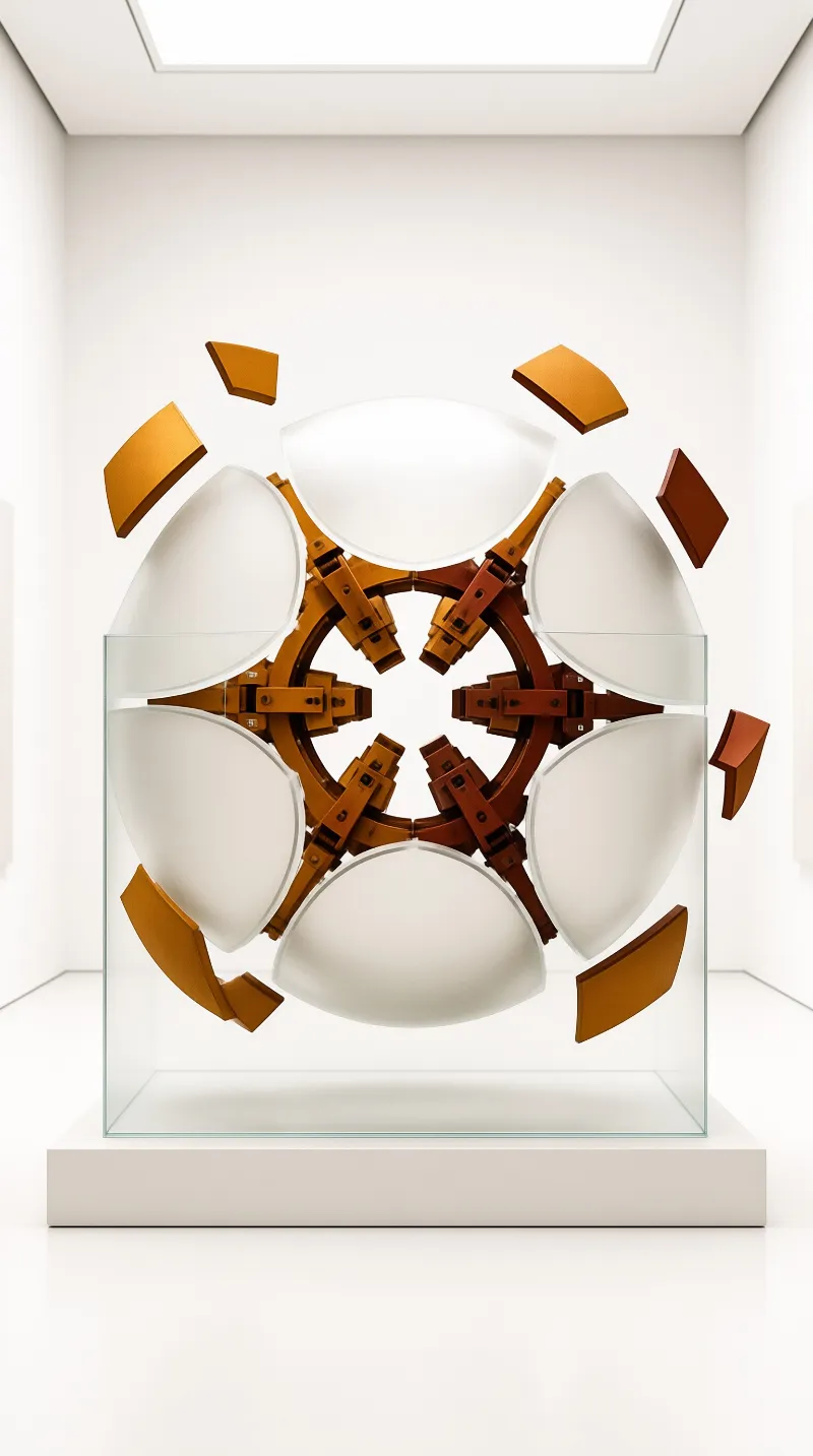 A symmetrical bronze and white mechanical art object floats within a transparent acrylic box on a white pedestal.