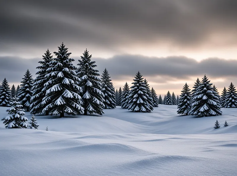 Snow laden evergreen trees stand on rolling white hills beneath a cloudy sky with faint orange light on the horizon.