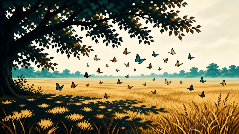 Colorful butterflies fly above a sunlit golden grain field beside a dark tree casting dappled shadows on the grass.