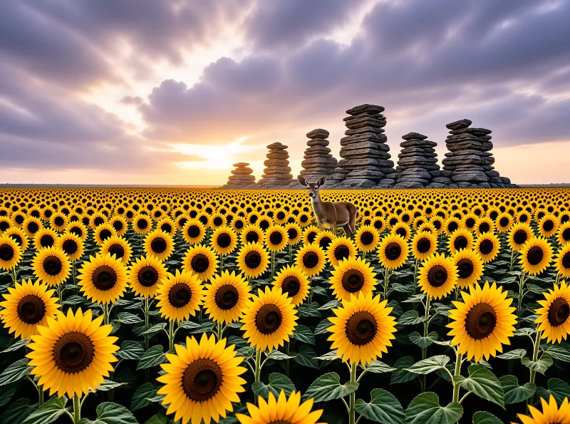 A deer stands among yellow sunflowers while stacked stone pillars rise against a purple sunset sky.