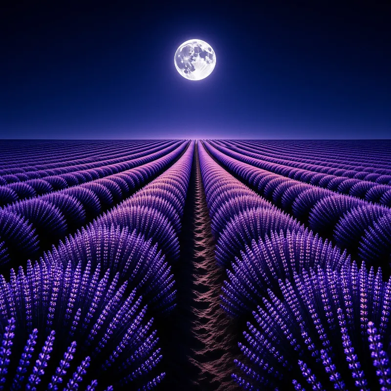 Extensive purple lavender beds converge toward the horizon beneath a luminous full moon in a deep blue night sky.