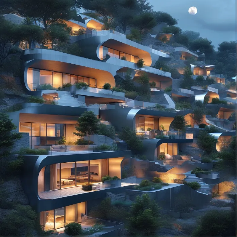 Curved white residences are stacked on a rocky slope at dusk with warm interior lighting and a bright moon.