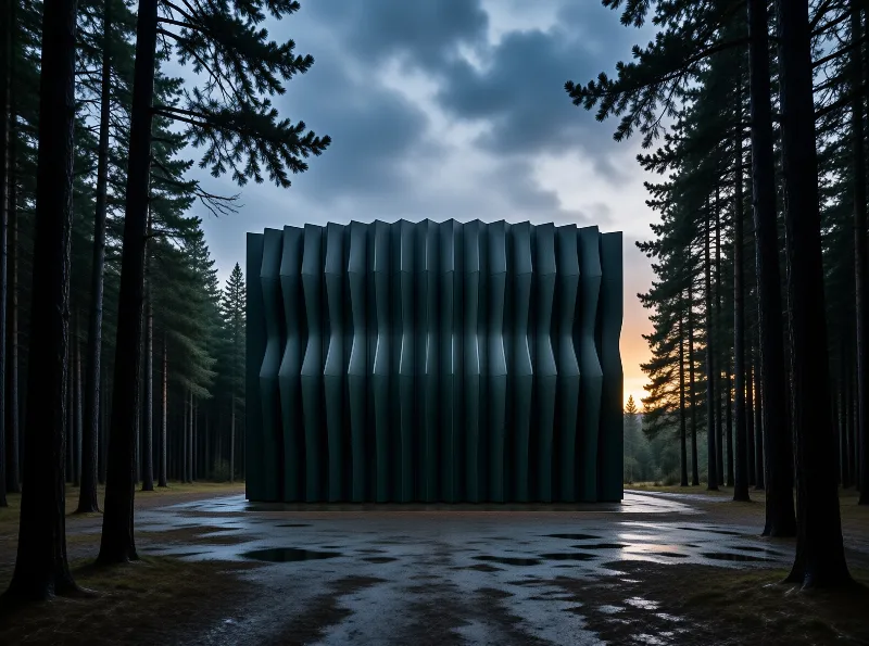 Ribbed dark monolith stands at a wet path end between pine trees under dusk skies with orange light at horizon