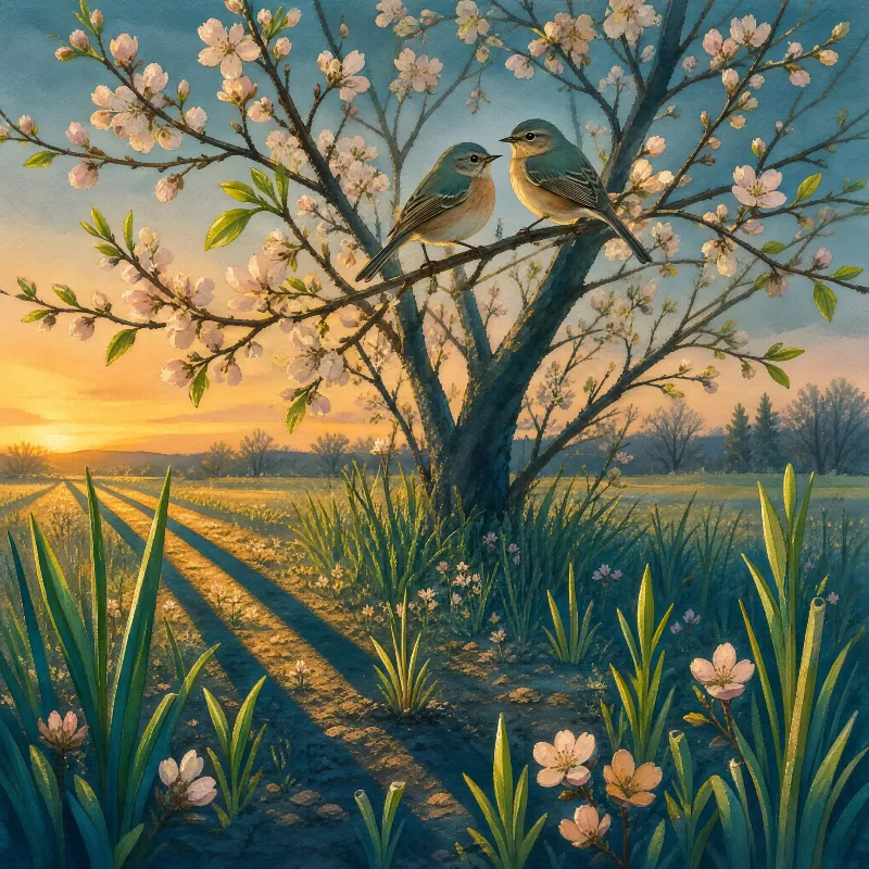 Two small birds perch on a blooming tree branch in a field during a warm sunset with long shadows stretching across the ground