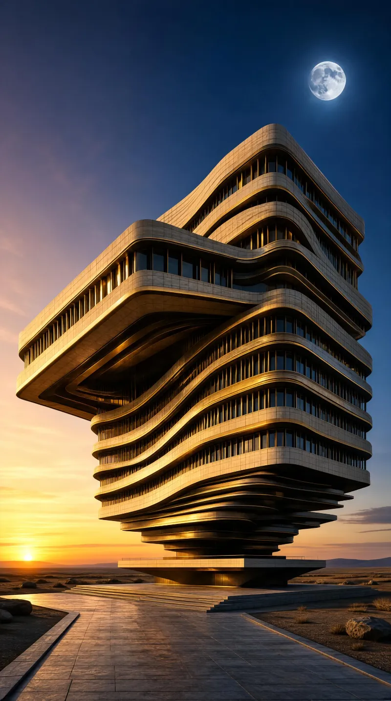 Futuristic Wavy Tower at Sunset