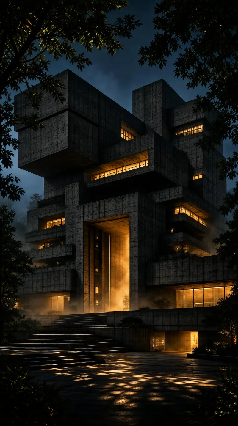 A concrete Brutalist building illuminated by warm lights at dusk, with surrounding trees and mist rising from the ground.