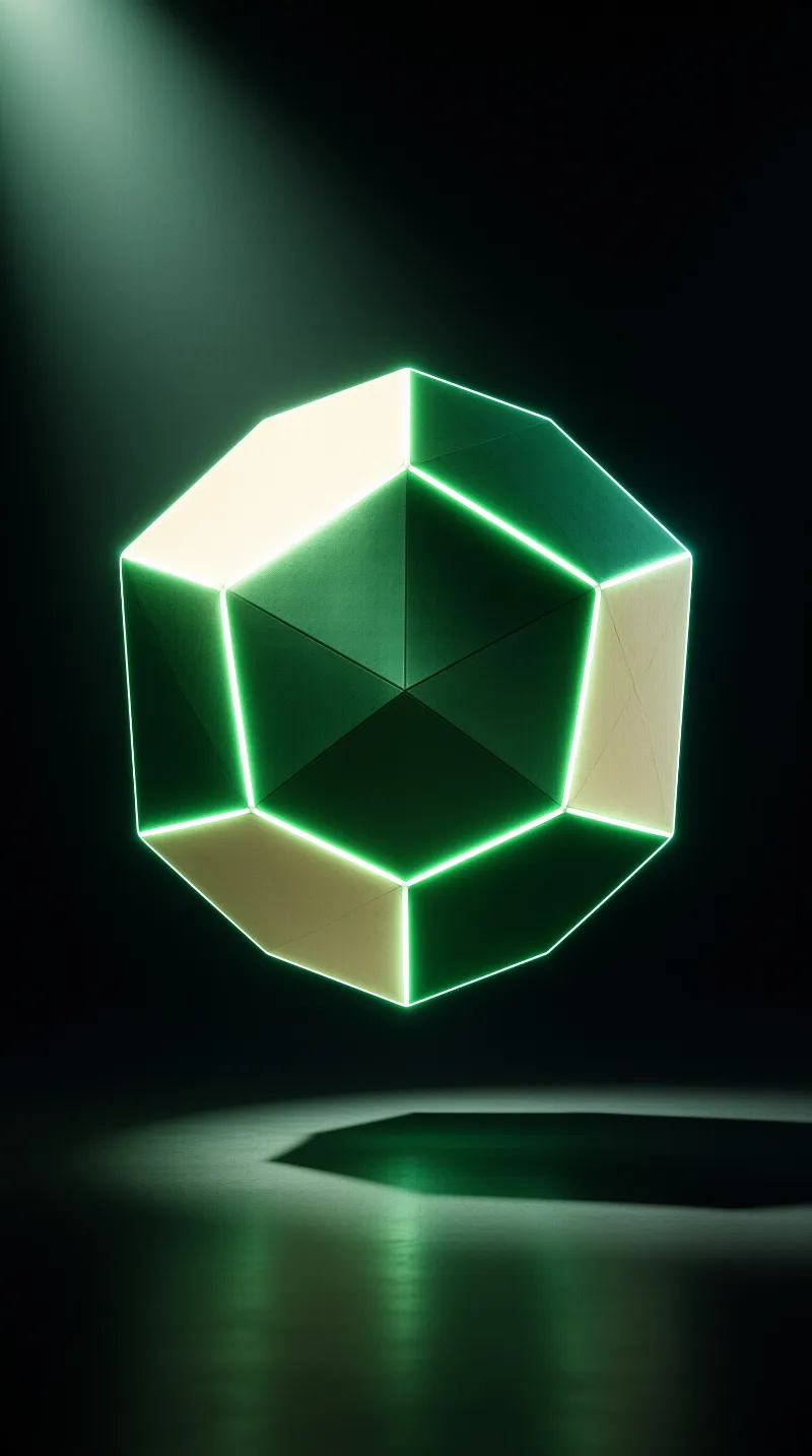 A twelve sided solid hovers above a polished floor, its seams lit and a beam falling from the upper left