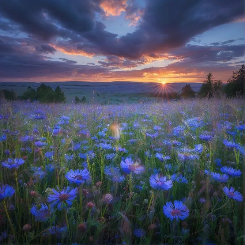 Sunset Over Cornflower Field