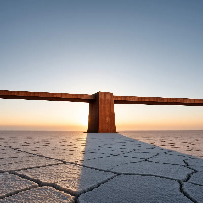 A massive rust-colored concrete pillar stands isolated on a cracked salt flat, casting a long shadow during sunset.