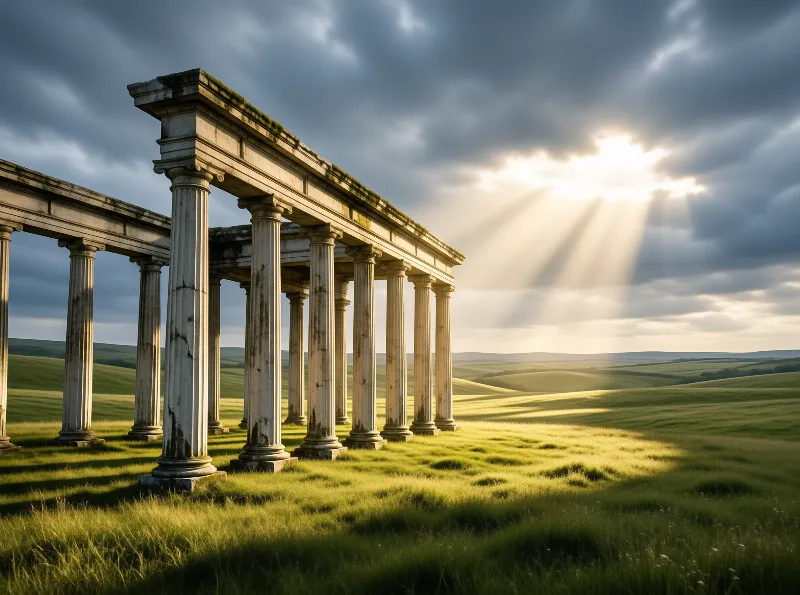 Weathered stone columns stand in a grassy field while bright sunbeams break through the dark clouds above.