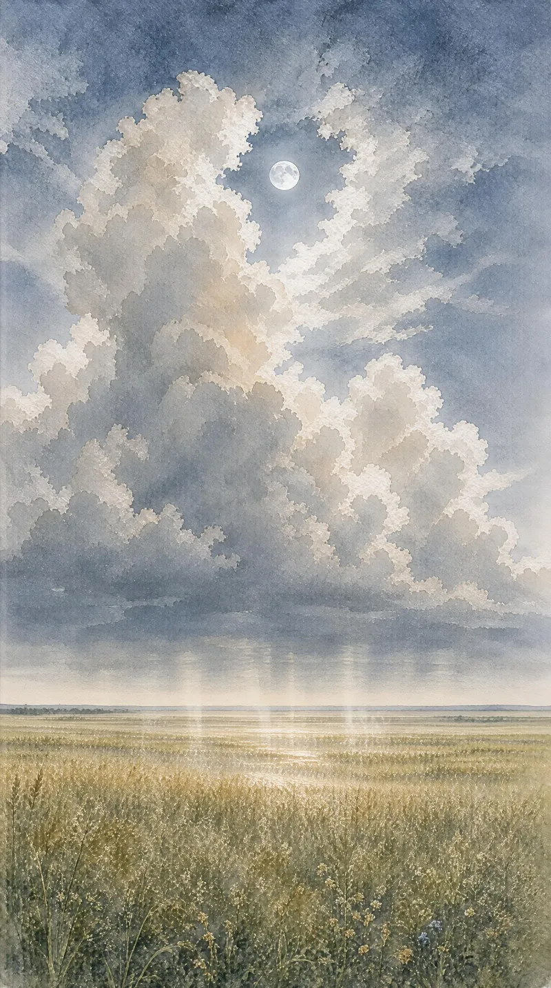 A tall grass field beneath a sky filled with moonlit clouds, with the moon visible and light reflecting on the ground.