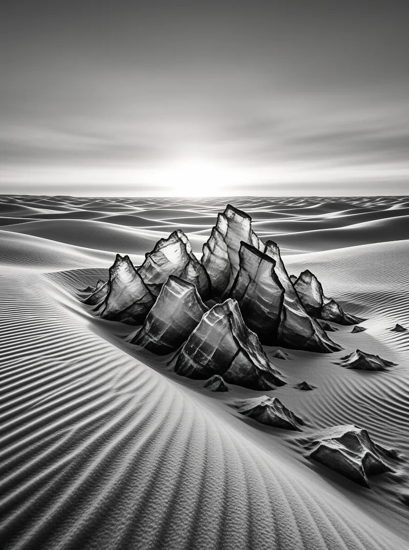 Jagged crystalline rocks rise from rippled desert dunes beneath a gradient sky.