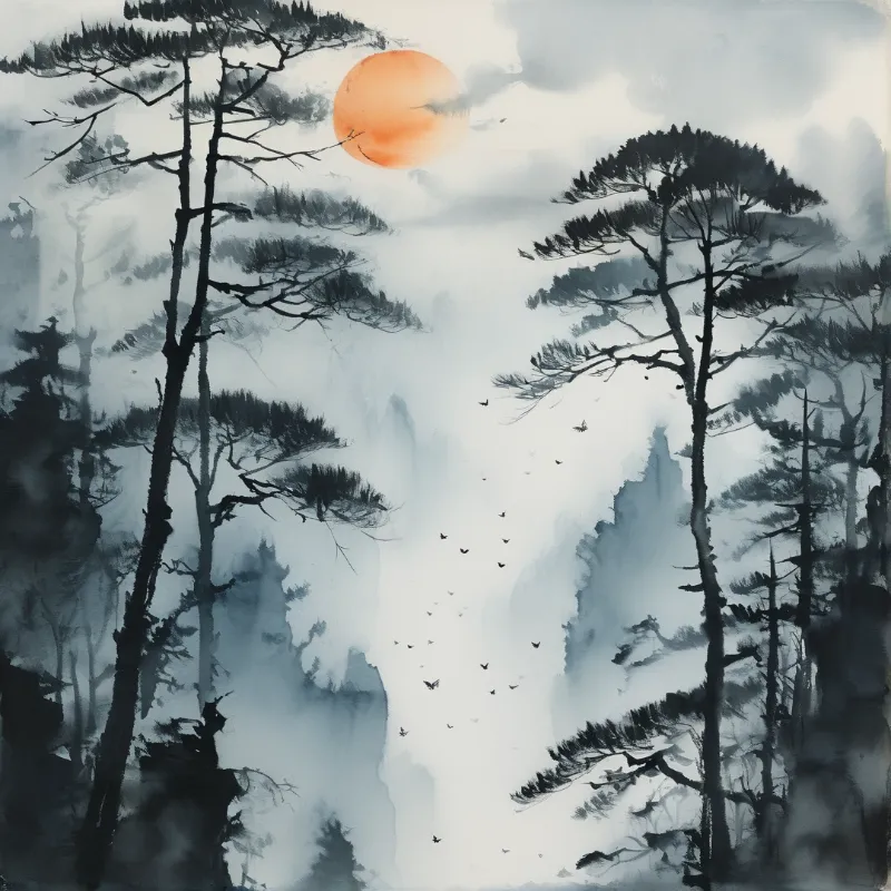 Ink washed pine trees frame a misty valley where a soft orange sun and a flock of small birds cross the pale sky