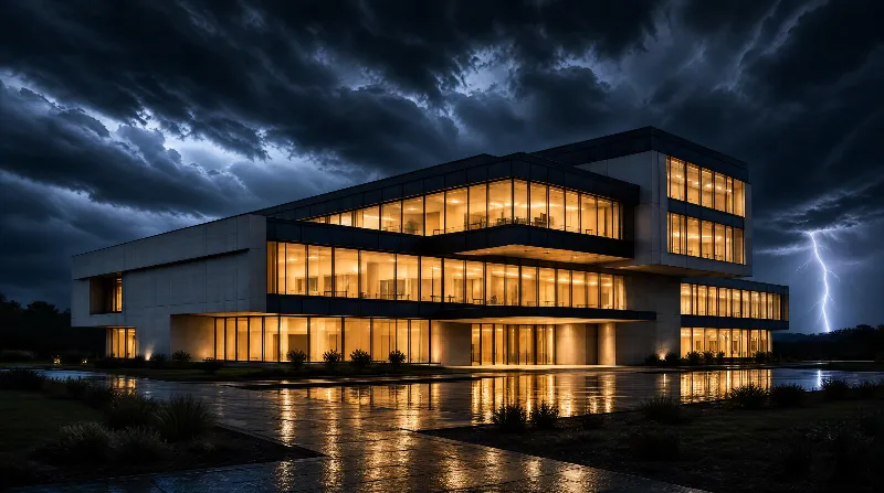 Modern Building at Night with Lightning