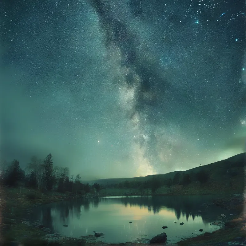 Bright stars and the Milky Way fill the teal night sky while reflecting clearly in the calm lake below the hills.