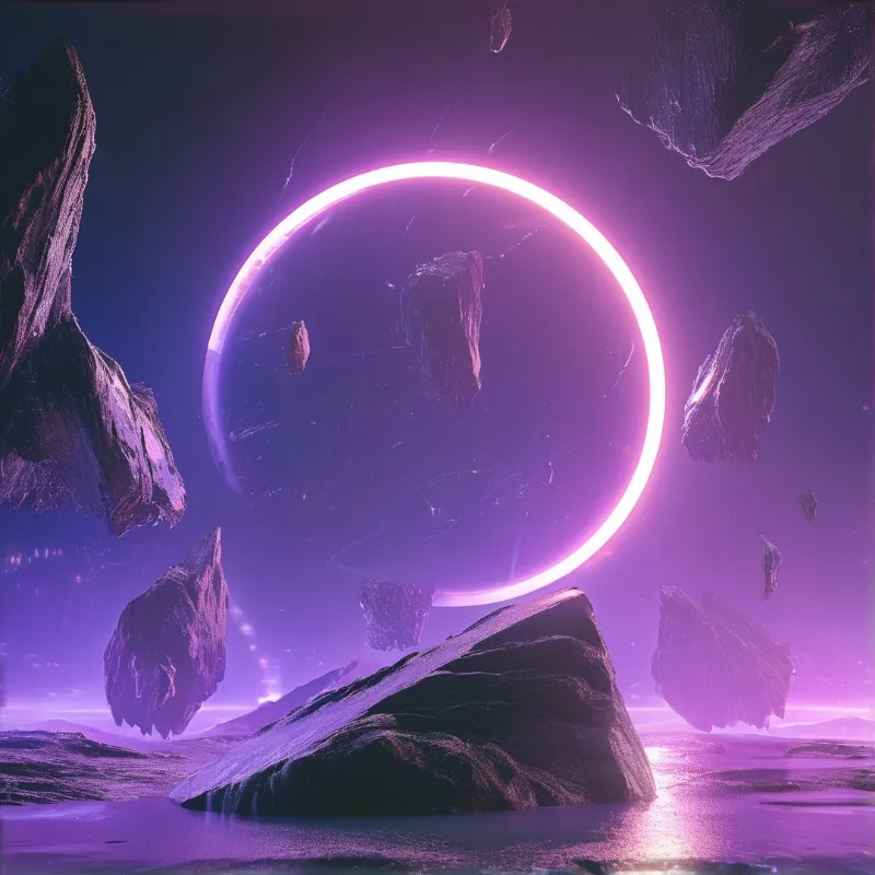 Surreal scene with jagged stones suspended above water beneath a luminous violet ring encircling floating debris in a dreamlike void