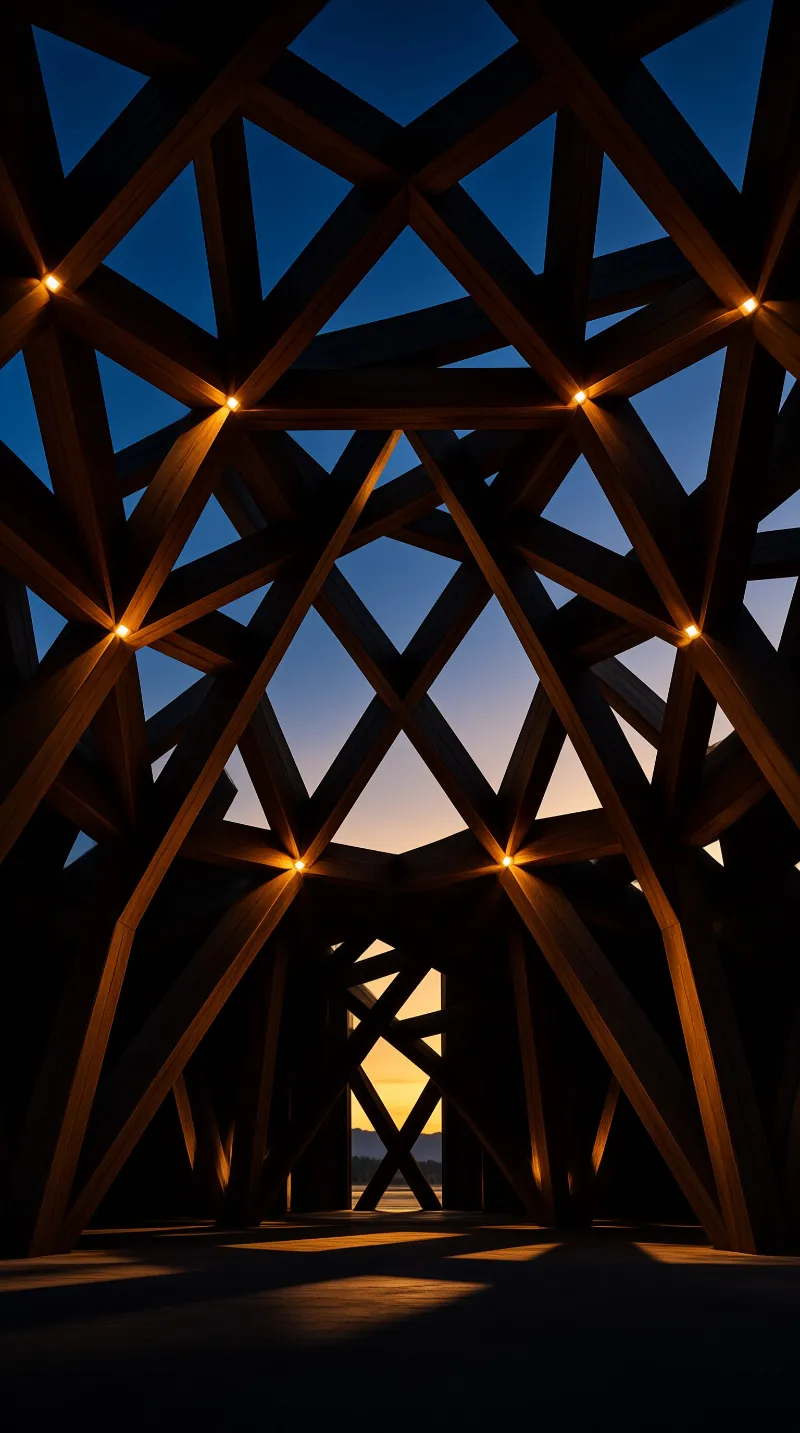 Interlocking wooden beams form a towering open framework lit by small warm lamps at each joint against a fading sky.