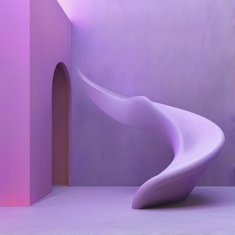 A smooth organic curved form rests against lilac walls beside a narrow archway in a soft monochrome studio.
