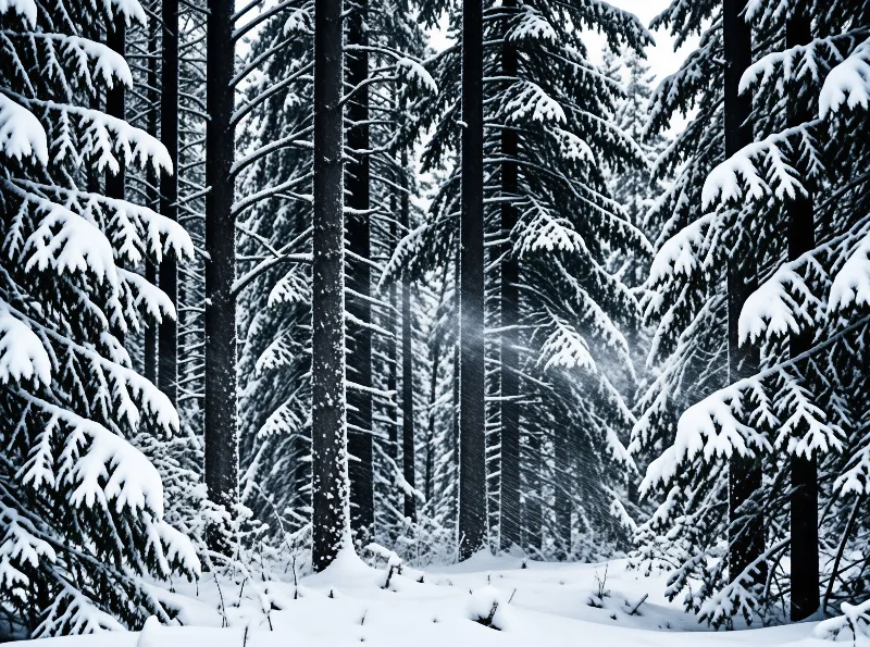 A monochrome view captures a dense forest of tall coniferous trees covered in thick snow, with dark vertical trunks contrasting against the bright white branches and falling snowflakes visible in the center.