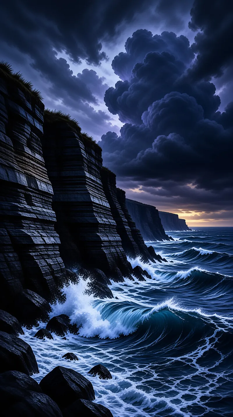 Steep stratified coastal cliffs overlook crashing foamy blue waves against their base under heavy purple storm clouds at dusk.
