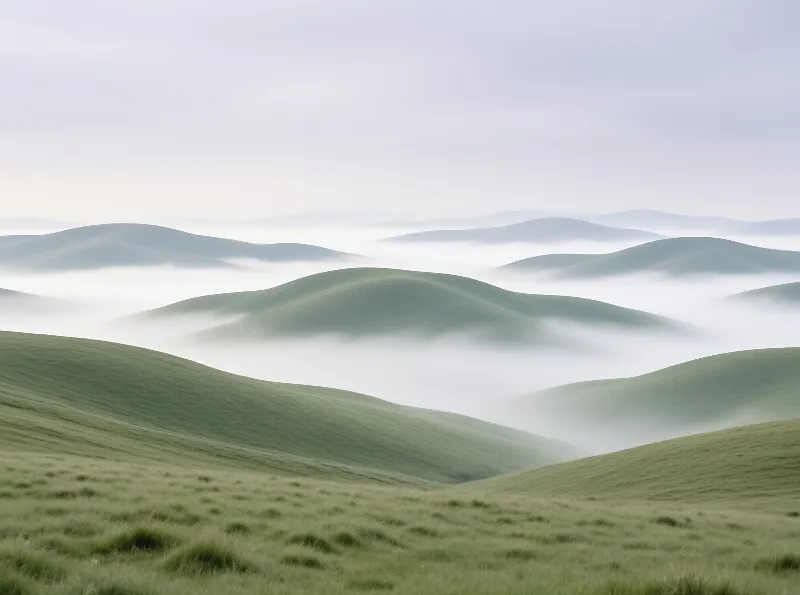 Layered grassy slopes fade into the distance beneath a soft blanket of low hanging clouds and misty air.