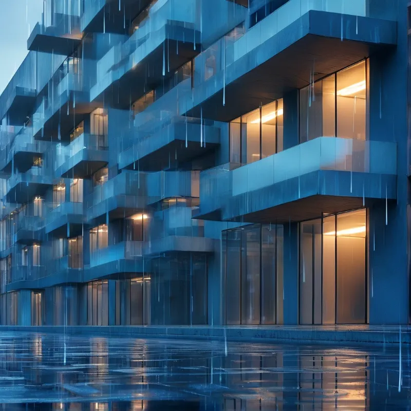 A modern apartment building stands in the rain with warm lights reflecting on the wet pavement.