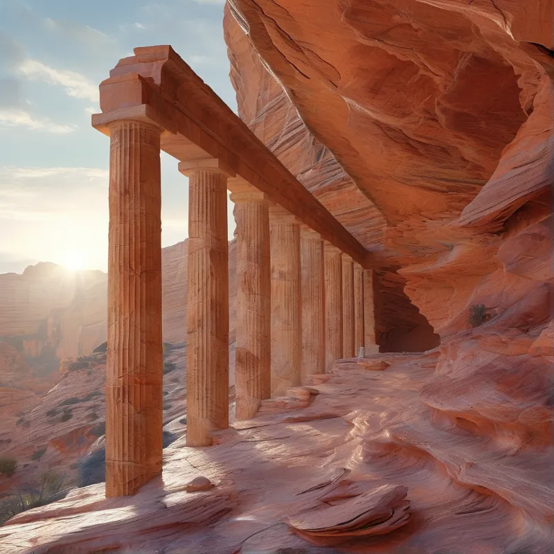 Fluted pillars cut from warm red stone carry a heavy beam along the sheltered base of a sandstone cliff at sunrise.
