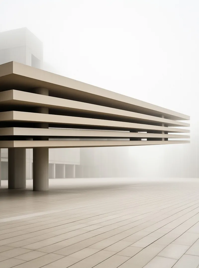 Horizontal concrete slabs supported by pillars rise above a wooden deck while soft fog obscures the background.