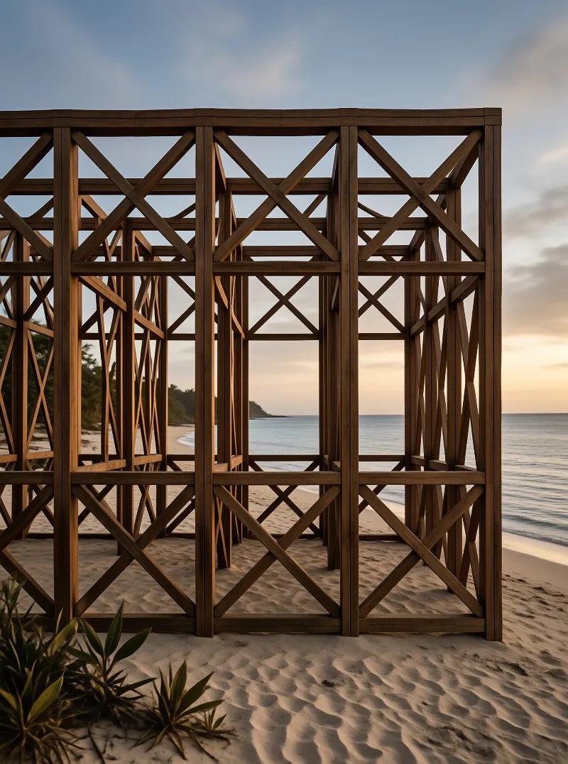 A geometric wooden structure frames the ocean view under soft sunset light on a sandy shore
