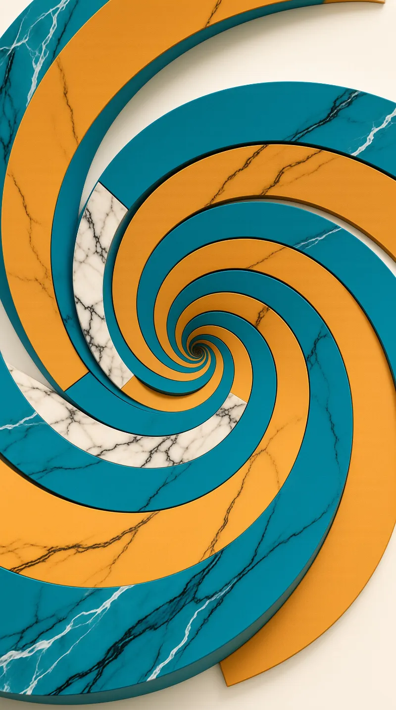 A three-dimensional spiral featuring alternating bands of teal, orange, and white marble textures.