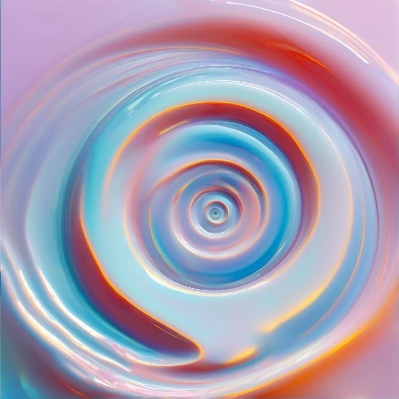 Concentric rings of glossy color spiral inward, blending cyan, crimson and gold on a soft pink ground