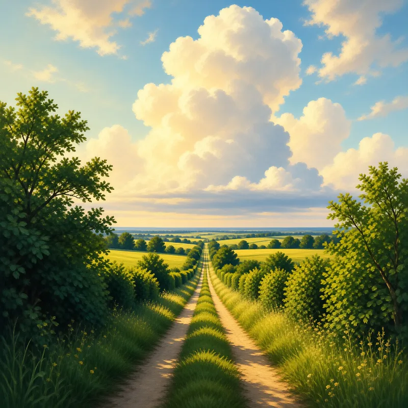 A long dirt road with a grassy median stretches toward the horizon between lush green fields under a bright cloudy sky.