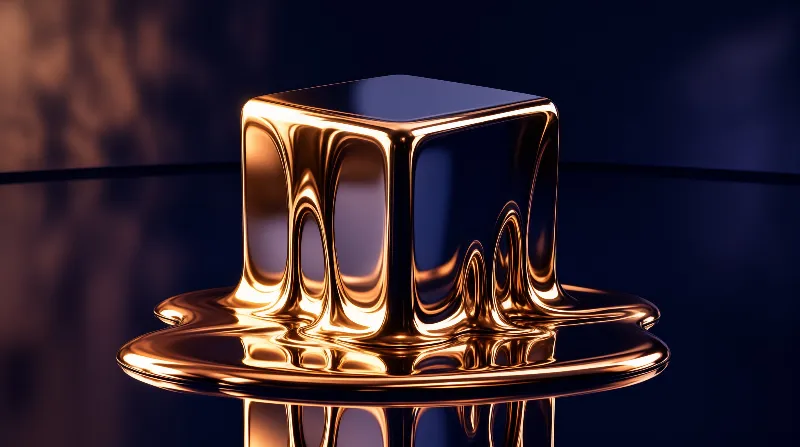 A shiny metallic cube partially melts into a puddle on a dark glossy surface under warm lighting