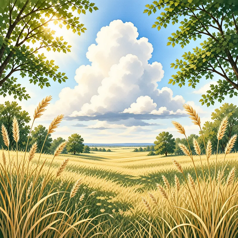 Ripe golden wheat fields stretch toward distant hills under a vast blue sky dominated by a towering white cumulus cloud.