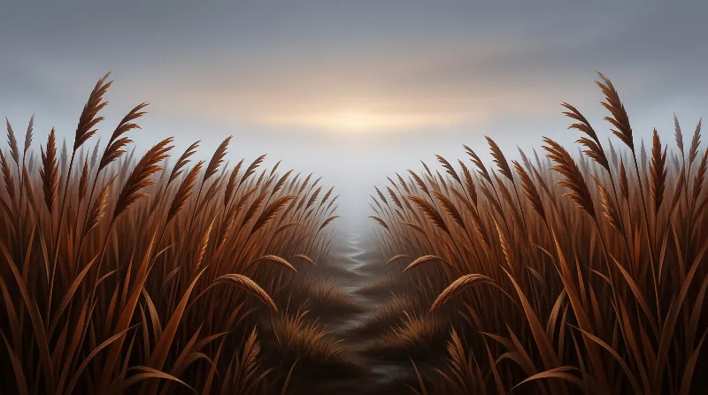 Dense dried vegetation forms a natural corridor leading toward a glowing misty sky at dawn.