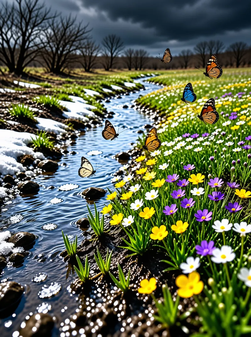 A group of butterflies flies over a stream filled with melting snow and colorful wildflowers under a dramatic sky.