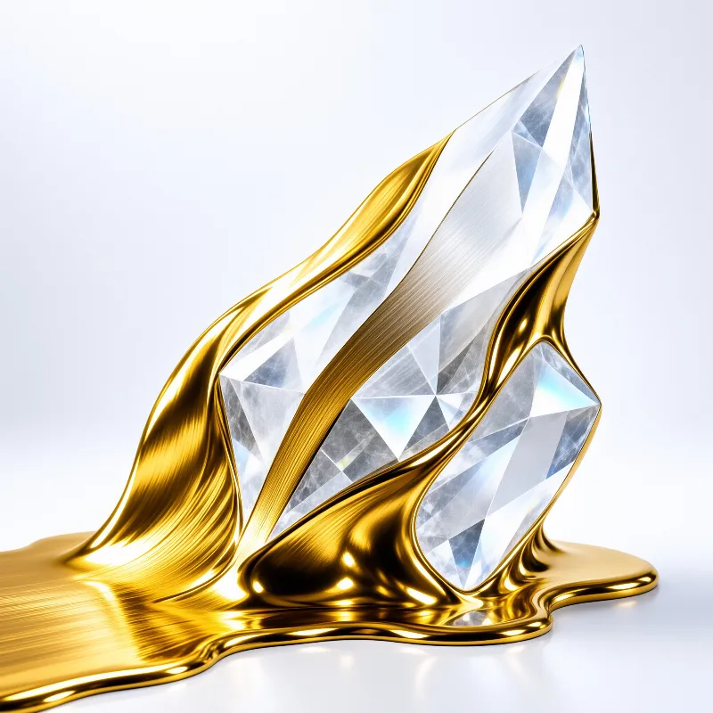 A large clear faceted crystal rises from a pool of shimmering molten gold against a plain white background.