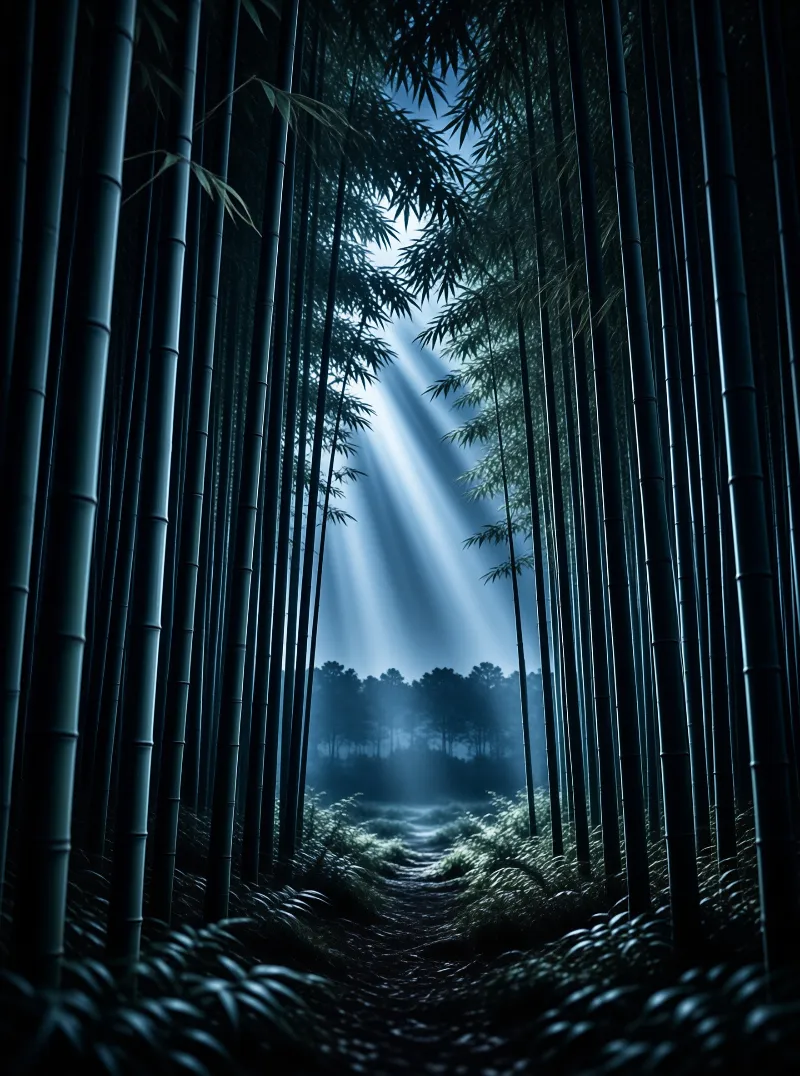 A view through tall dark bamboo stalks looking down a dirt path towards distant trees illuminated by beams of blue sunlight.