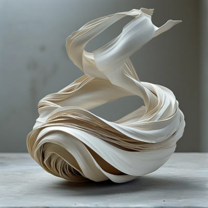 Off white twisted layered fabric sculpture rests on a grey concrete slab with soft even light and a muted neutral backdrop