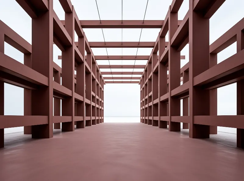 A symmetrical arrangement of reddish-brown beams forms a long corridor leading to a bright white background.
