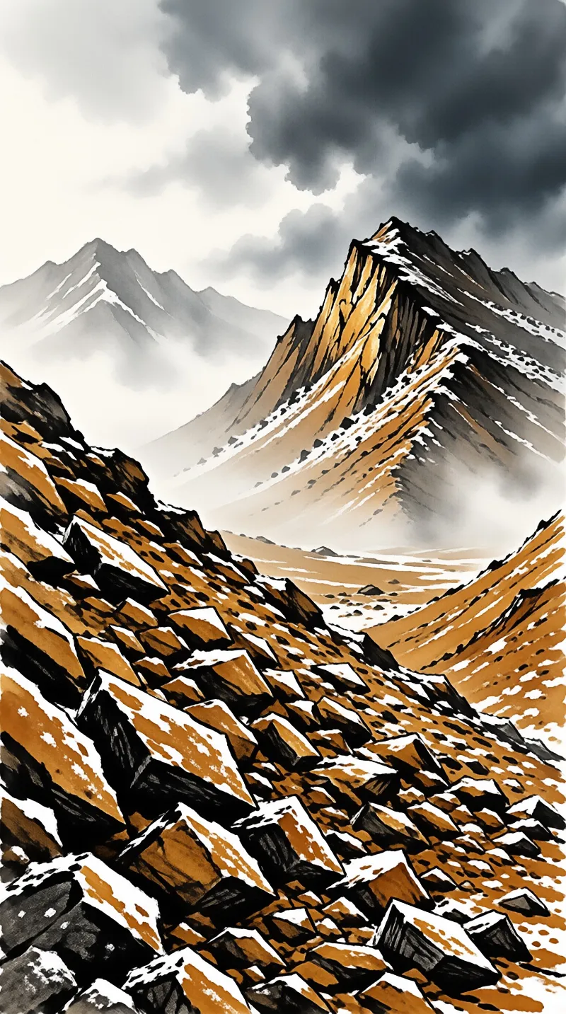 Snow-covered rocky mountain peaks set beneath heavy dark clouds in a misty valley.