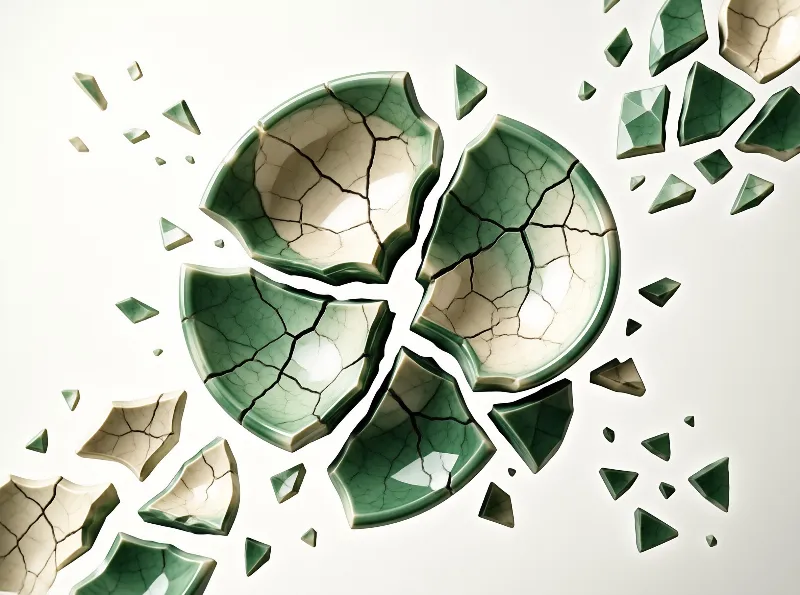 A shattered ceramic dish with a green exterior and cream interior is broken into several large pieces and smaller shards suspended against a plain white background with soft studio lighting highlighting the cracks.