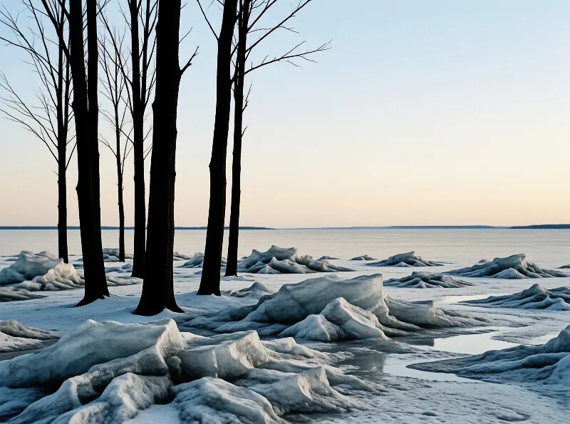 Dark leafless trees stand beside large chunks of frozen ice scattered across a wide frozen lake under a soft gradient sky.